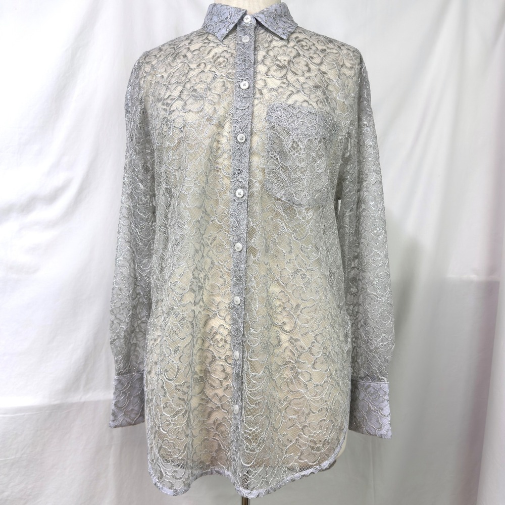 ANTHROPOLOGIE Silver Sheer Metallic Lace Buttondown Shirt XS Boxy Fairy Ethereal